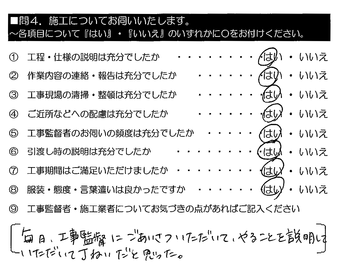 毎日、工事監督にごあいさついただいて、やることを説明していただいて丁ねいだと思った。