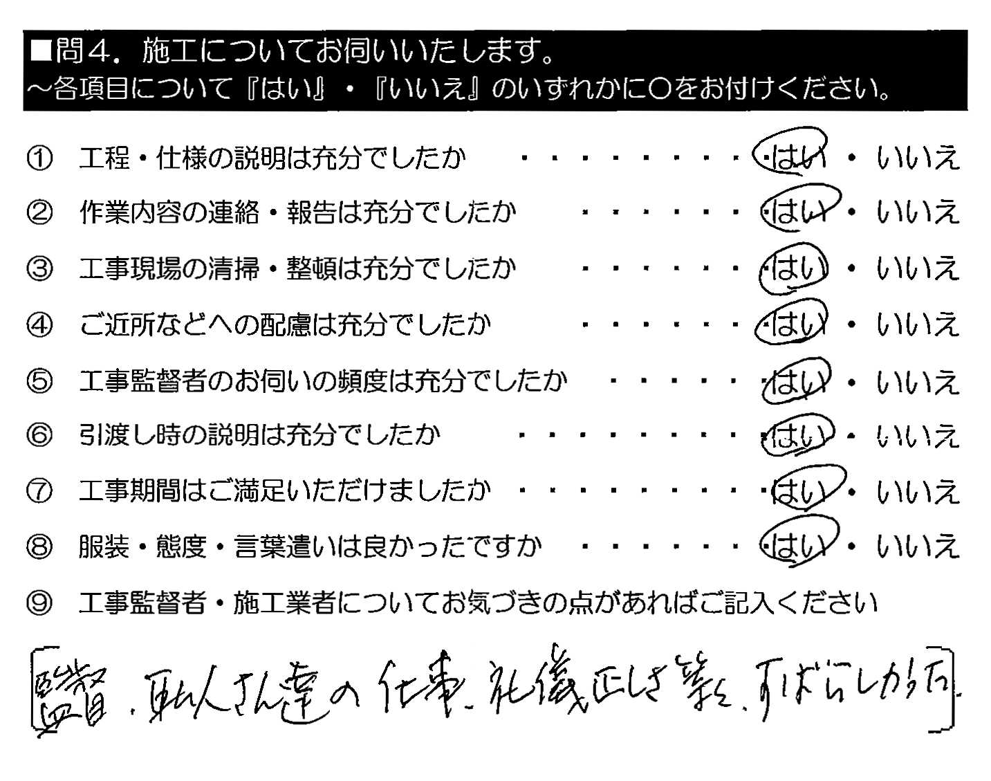 監督・職人さん達の仕事・礼儀正しさ等々、すばらしかった。