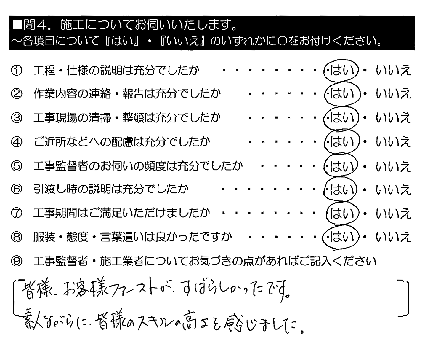 皆様、お客様ファーストがすばらしかったです。素人ながらに皆様のスキルの高さを感じました。