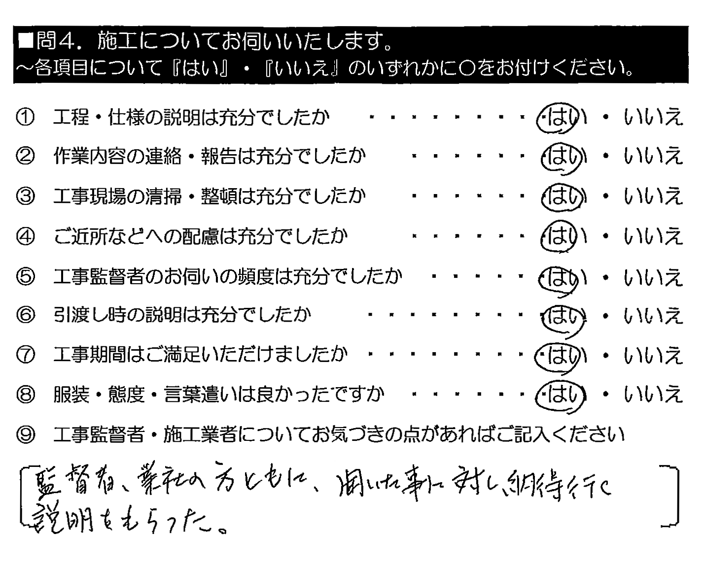 監督者・業者の方ともに、聞いた事に対し納得いく説明をもらった。