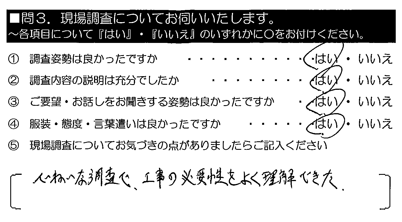 ていねいな調査で、工事の必要性をよく理解できた。