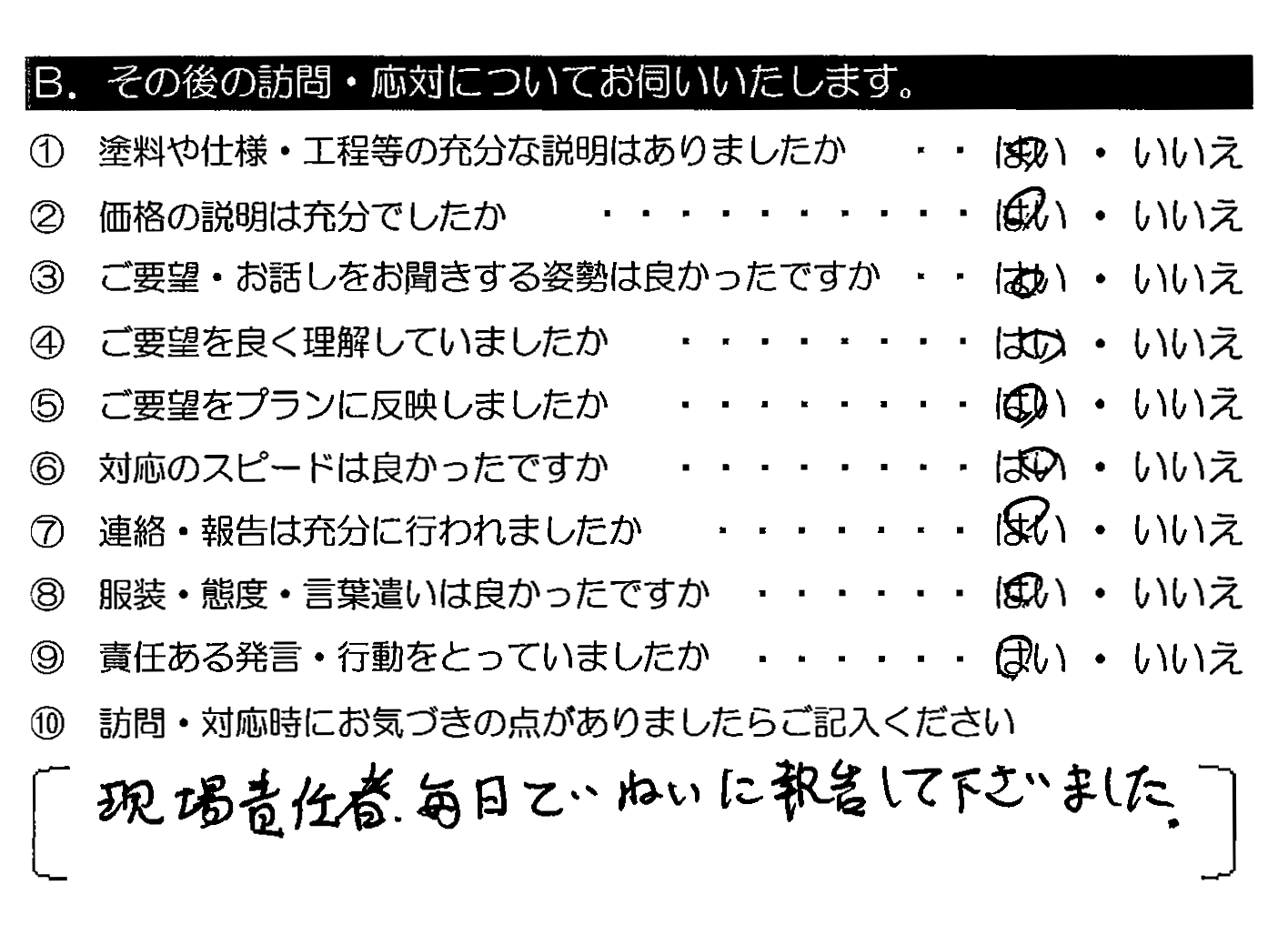 現場責任者、毎日ていねいに報告して下さいました。