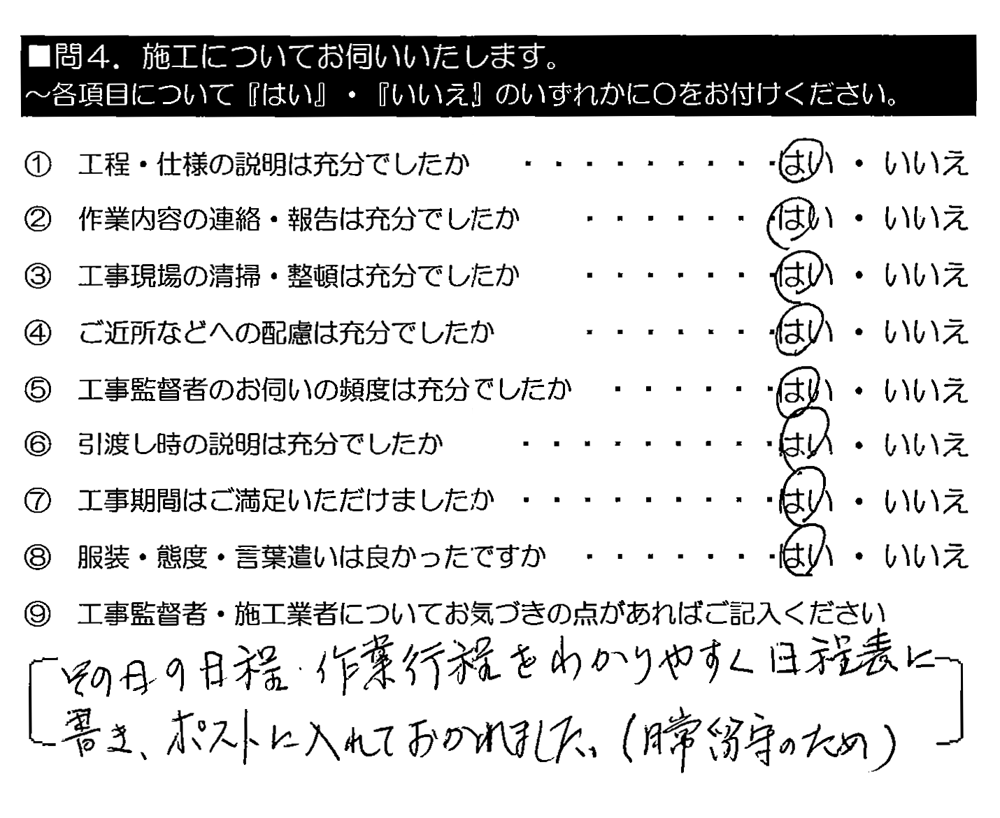 その日の日程・作業工程をわかりやすく日程表に書き、ポストに入れておかれました。（日常留守のため）