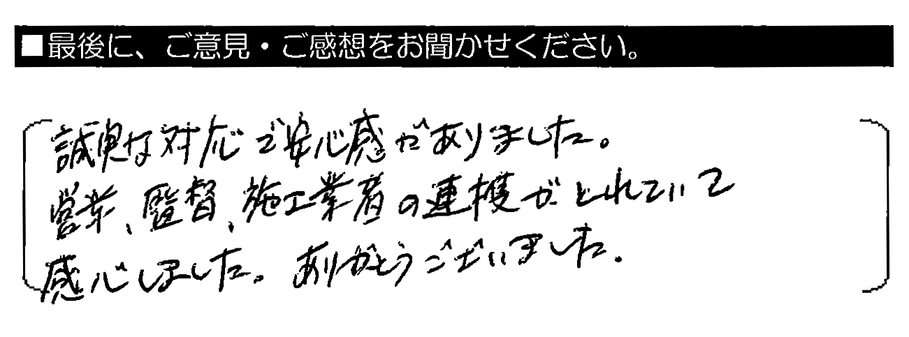 誠実な対応で安心感がありました。営業・監督・施工業者の連携がとれていて感心しました。ありがとうございました。