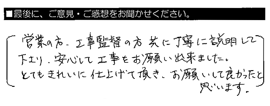 営業の方・工事監督の方共に丁寧に説明して下さり、安心して工事をお願い出来ました。とてもきれいに仕上げて頂き、お願いして良かったと思います。