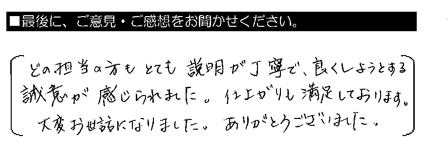 どの担当の方もとても説明が丁寧で、良くしようとする誠意が感じられました。仕上がりも満足しております。大変お世話になりました。ありがとうございました。