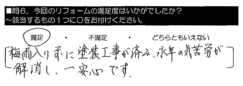 梅雨入り前に塗装工事が済み、永年の気苦労が解消し、一安心です。