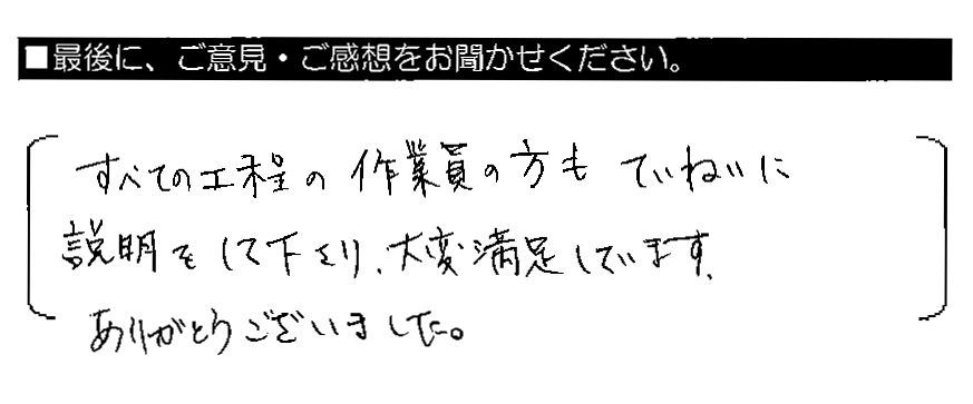 すべての工程の作業員の方もていねいに説明をして下さり、大変満足しています。ありがとうございました。