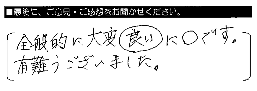 全般的に大変良いに○です。有難うございました。