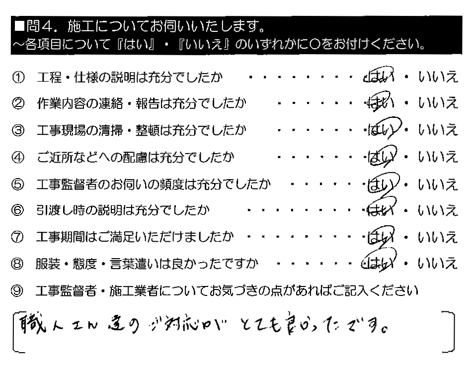 職人さん達のご対応がとても良かったです。