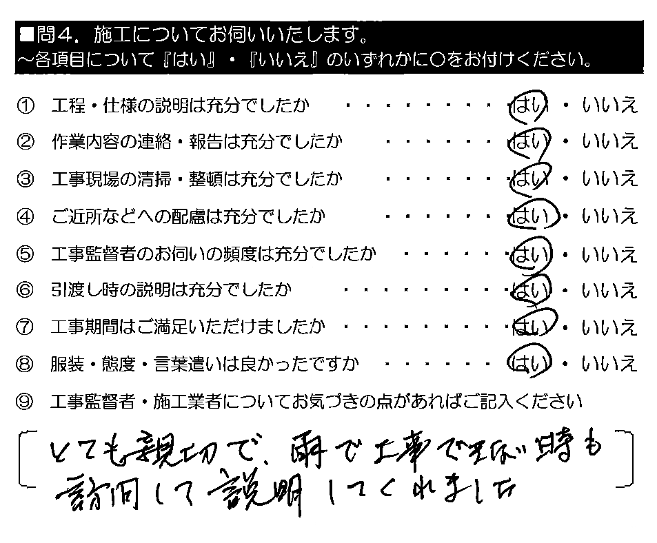 とても親切で、雨で工事できない時も訪問して説明してくれました。