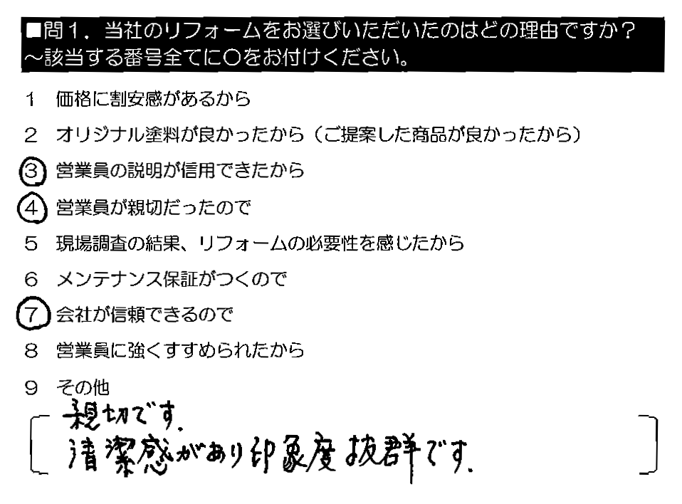 親切です。清潔感があり印象度抜群です。