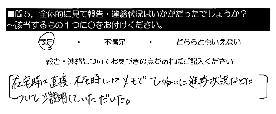 在宅時は直接、不在時にはメモでていねいに進捗状況などについてご説明していただいた。