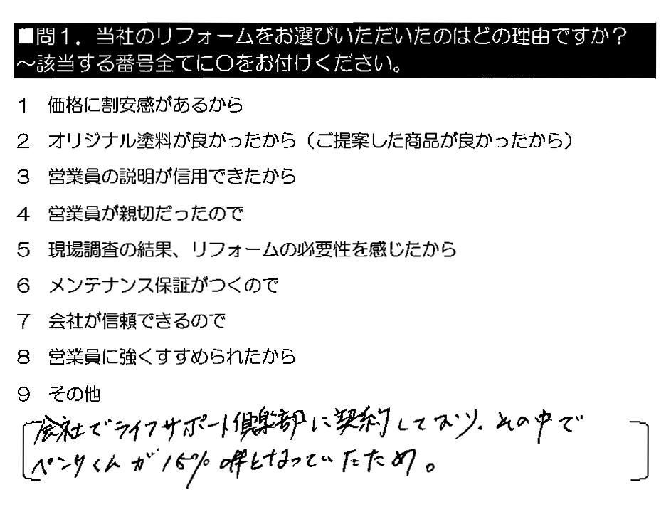 会社でライフサポート倶楽部に契約しており、その中でペンタくんが15％offとなっていたため。