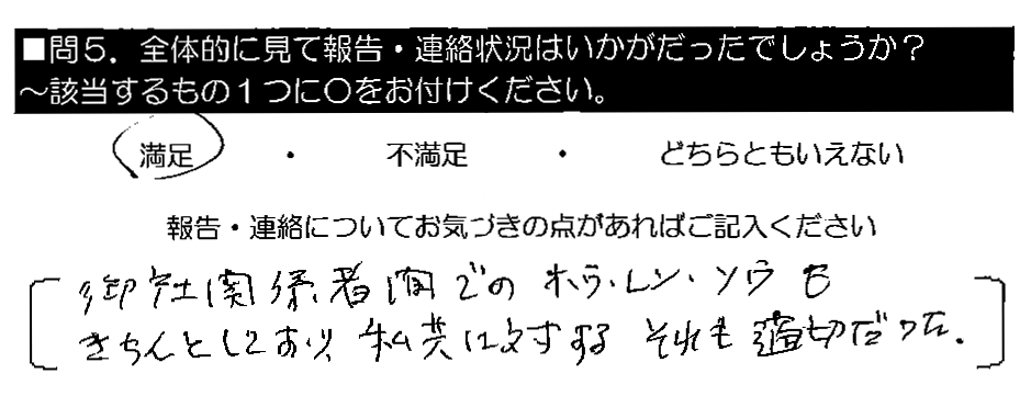 御社関係者間でのホウ・レン・ソウもきちんとしており、私共に対するそれも適切だった。