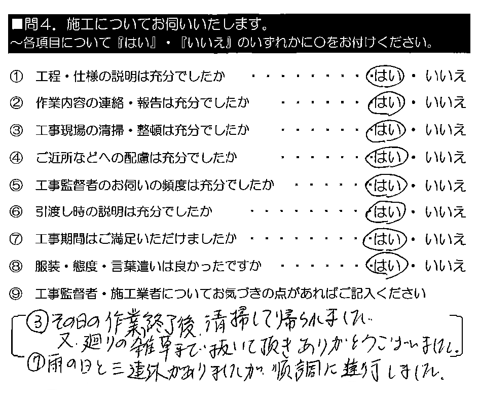 ③その日の作業終了後、清掃して帰られました。又、廻りの雑草まで抜いて頂きありがとうございました。⑦雨の日と三連休がありましたが、順調に進行しました。