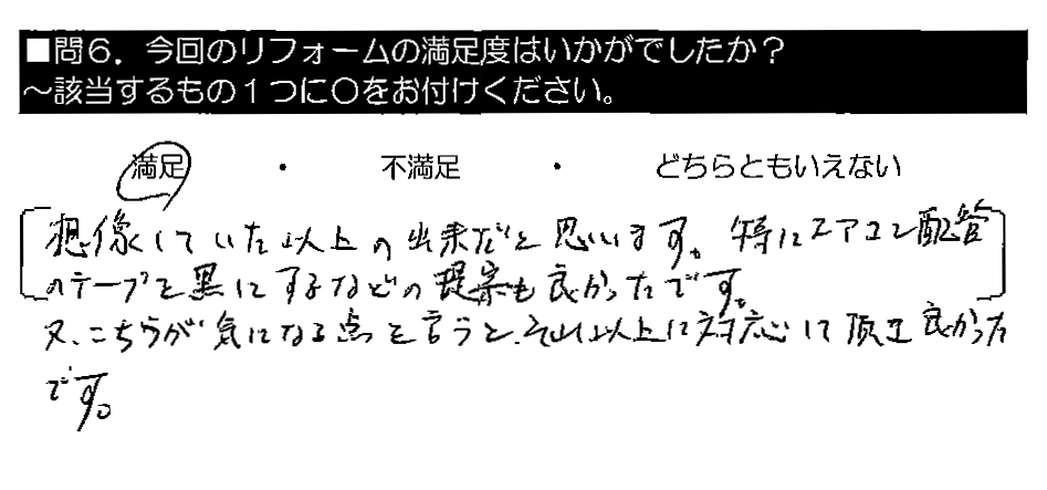 想像していた以上の出来だと思います。特にエアコン配管のテープを黒にするなどの提案も良かったです。又、こちらが気になる点を言うと、それ以上に対応して頂き良かったです。