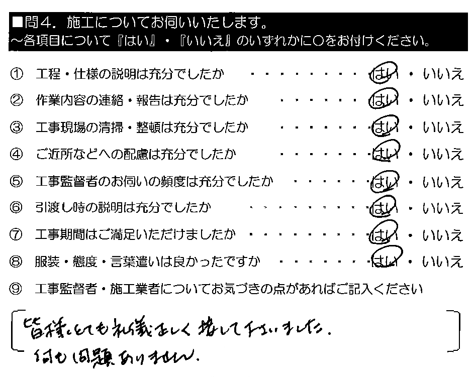 皆様とても礼儀正しく接して下さいました。何も問題ありません。