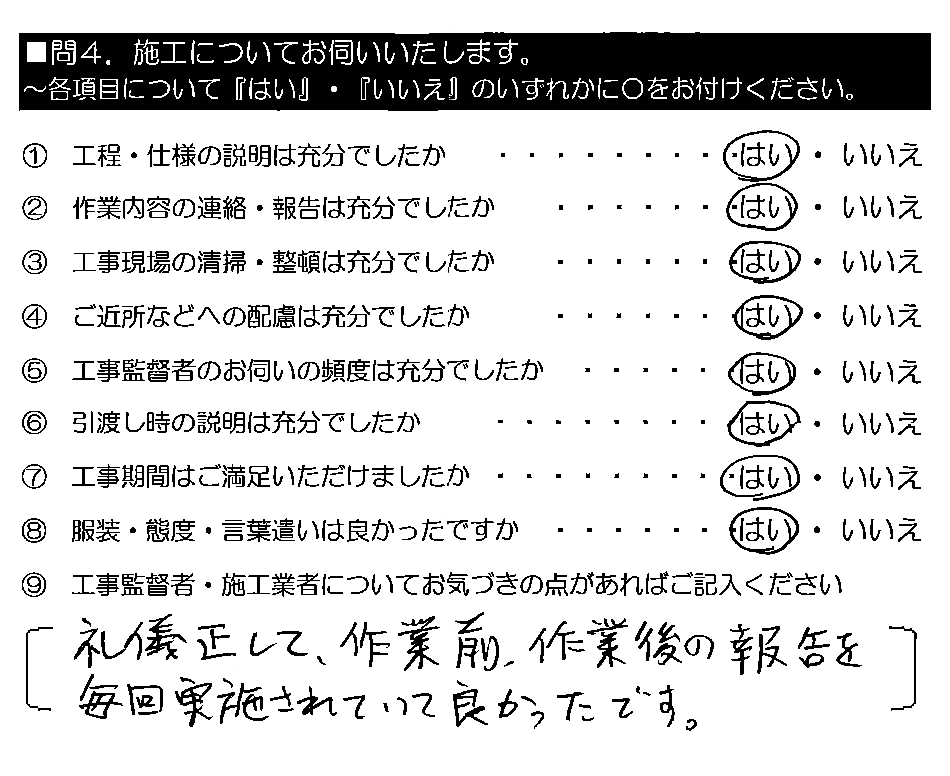 礼儀正しくて、作業前・作業後の報告を毎回実施されていて良かったです。