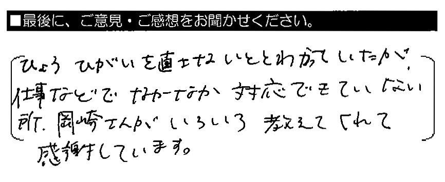 ひょうひがいを直さないととわかっていたが、仕事などでなかなか対応できていない所、岡崎さんがいろいろ教えてくれて感謝しています。