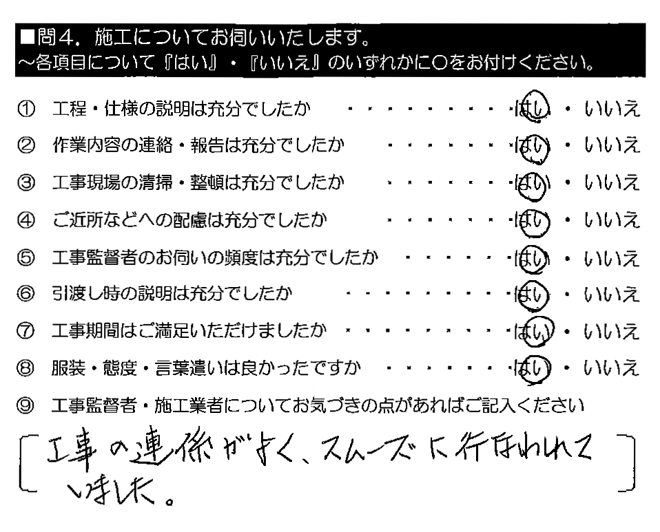 工事の連絡がよく、スムーズに行われていました。。