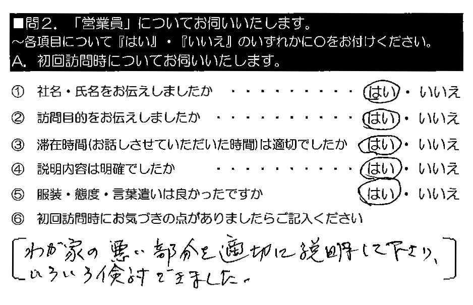 わが家の悪い部分を適切に説明して下さり、いろいろ検討できました。