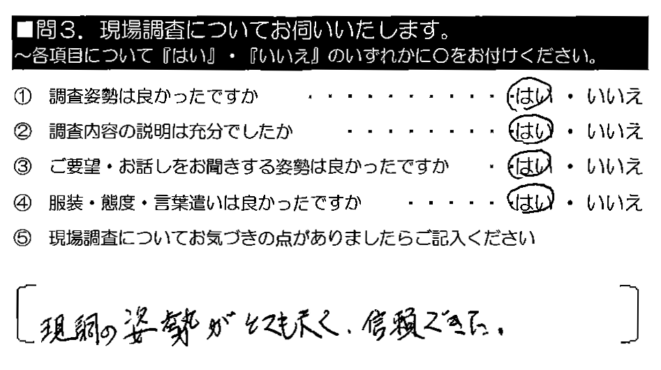 現調の姿勢がとても良く、信頼できた。