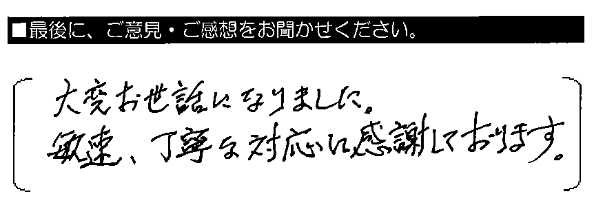 大変お世話になりました。敏速・丁寧な対応に感謝しております。