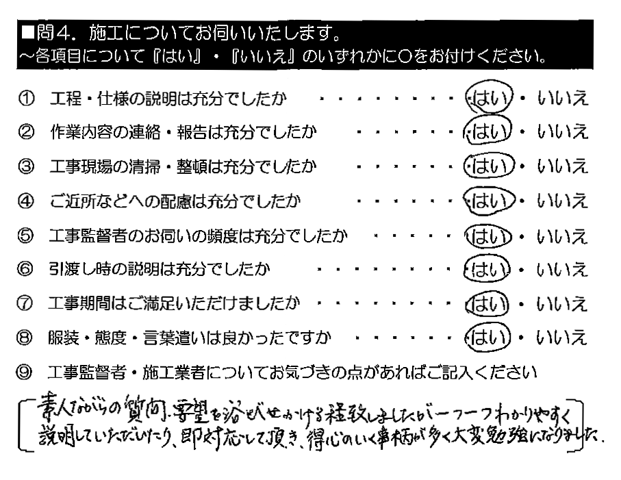 素人ながらの質問・要望を浴びせかける程致しましたが、一つ一つわかりやすく説明していただいたり、即対応をして頂き、得心がいく事柄が多く大変勉強になりました。