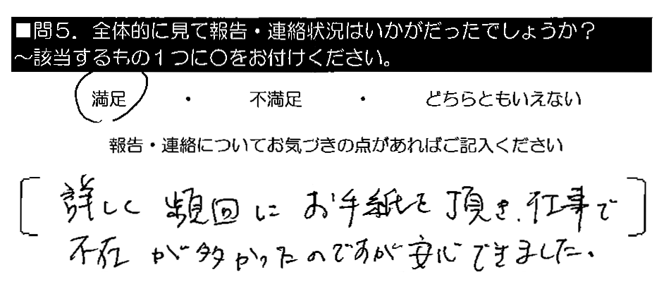 詳しく頻回にお手紙を頂き、仕事で不在が多かったのですが安心できました。