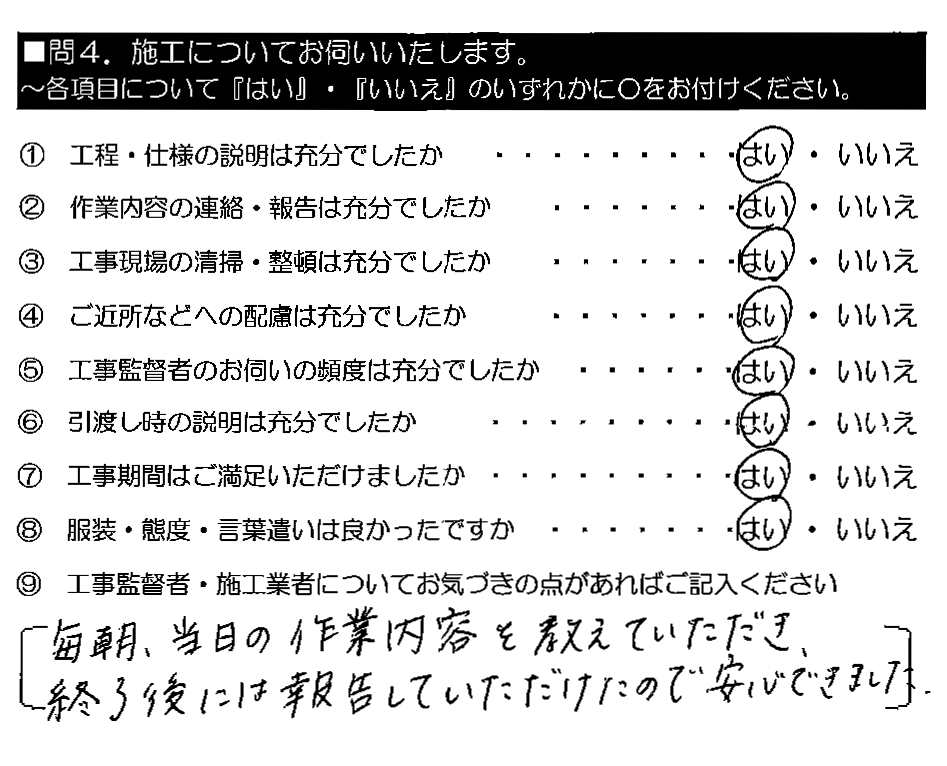 毎朝、当日の作業内容を教えていただき、終了後には報告していただけたので安心できました。