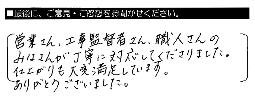 営業さん・工事監督者さん・職人さんのみなさんが丁寧に対応してくださりました。仕上がりも大変満足しています。ありがとうございました。