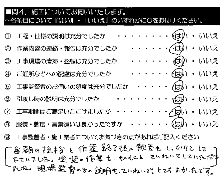 毎朝の挨拶と作業終了後の報告もしっかりして下さいました。塗装の作業も、もくもくとていねいにしていただきました。現場監督の方の説明もていねいで、とてもよかったです。