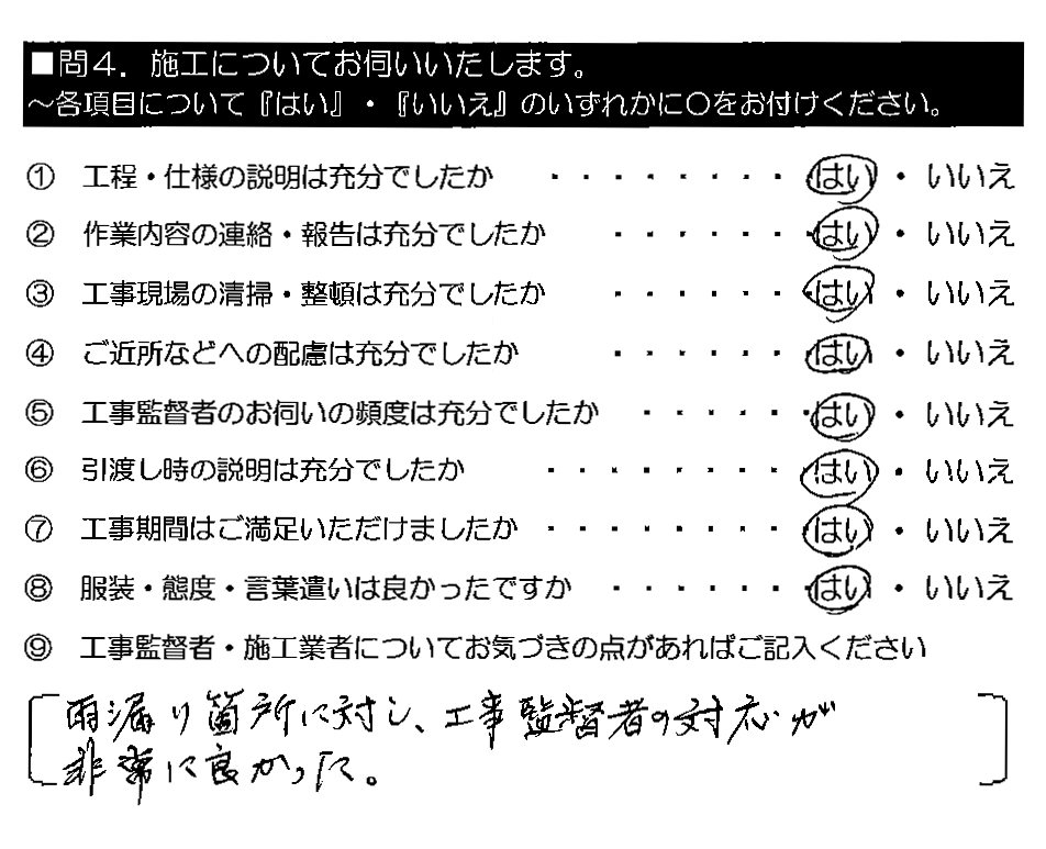 雨漏り箇所に対し、工事監督者の対応が非常に良かった。