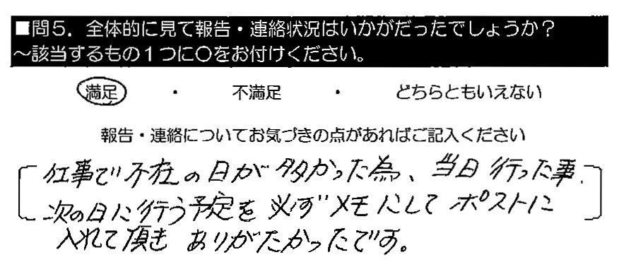 仕事で不在の日が多かった為、当日行った事・次の日に行う予定を必ずメモにしてポストに入れて頂き、ありがたかったです。