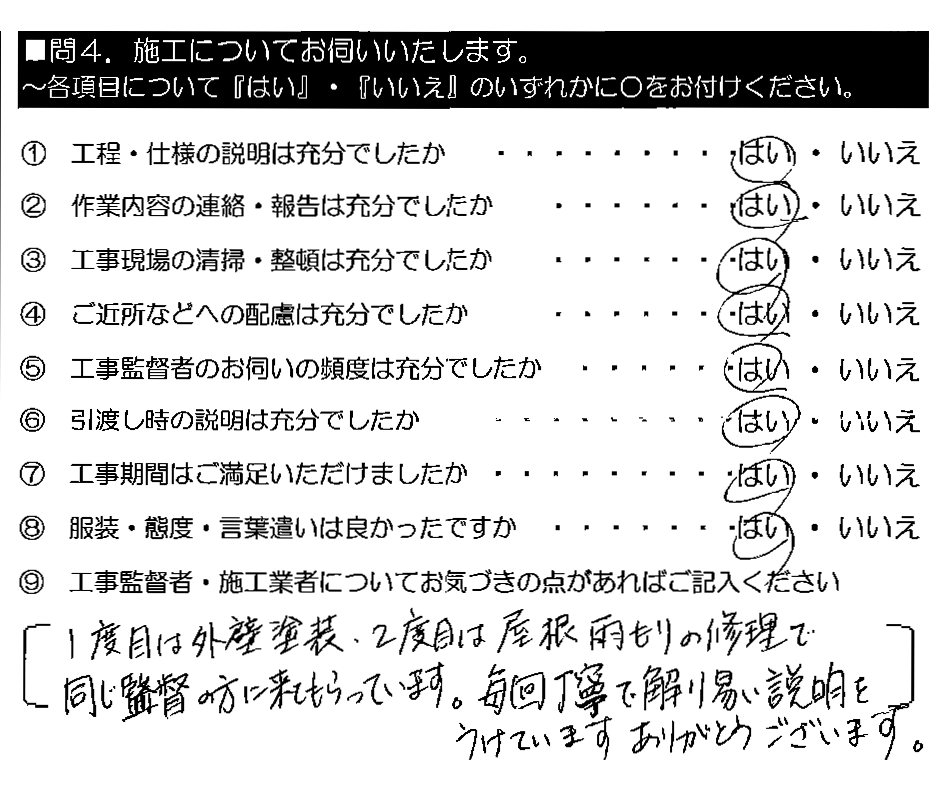 １度目は外壁塗装、2度目は屋根雨もりの修理で同じ監督の方に来てもらっています。毎回丁寧で解り易い説明をうけています。ありがとうございます。