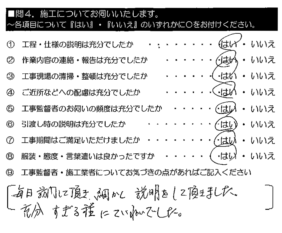 毎日訪問して頂き、細かく説明をして頂きました。充分すぎる程にていねいでした。