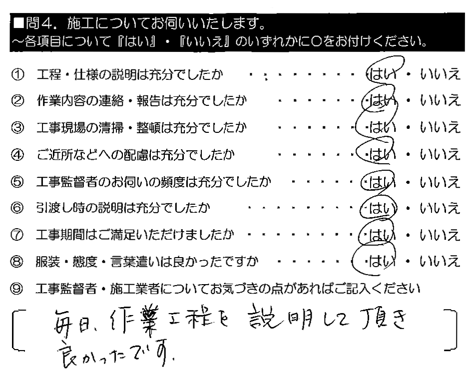 毎日、作業工程を説明して頂き良かったです。