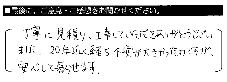 丁寧に見積り・工事していただきありがとうございました。20年近く経ち不安が大きかったのですが、安心して暮らせます。