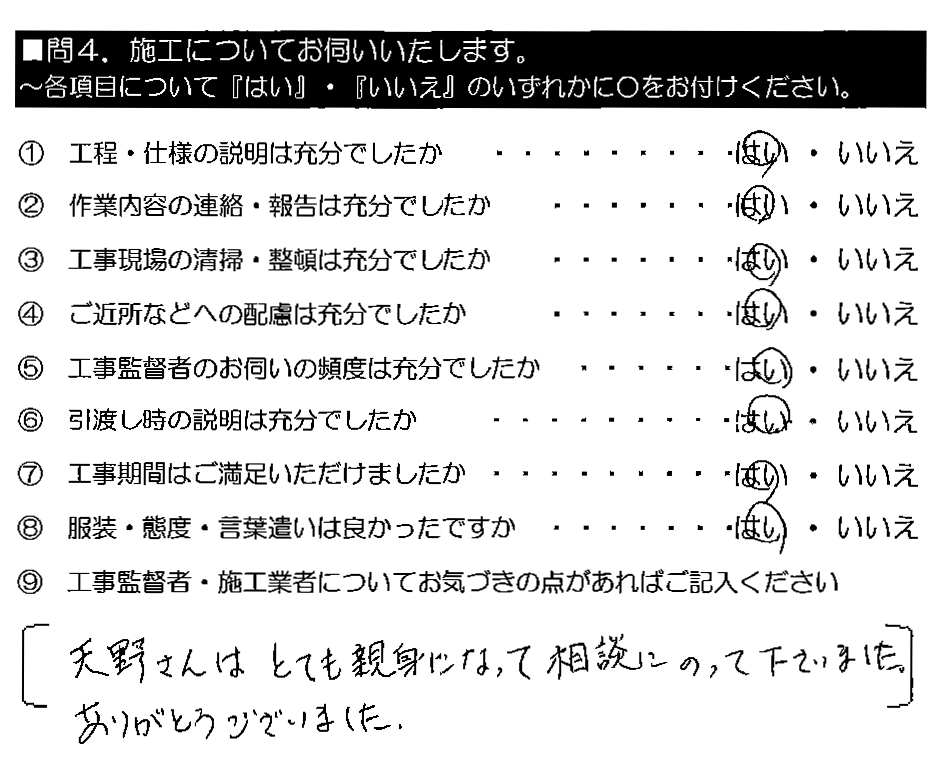 天野さんはとても親身になって相談にのって下さいました。ありがとうございました。