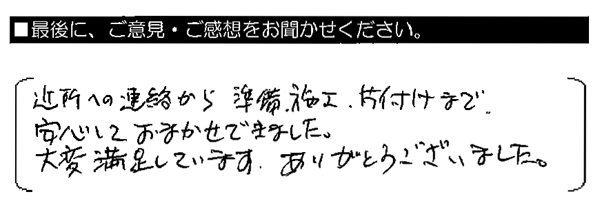 近所への連絡から準備・施工・片付けまで、安心しておまかせできました。大変満足しています。ありがとうございました。