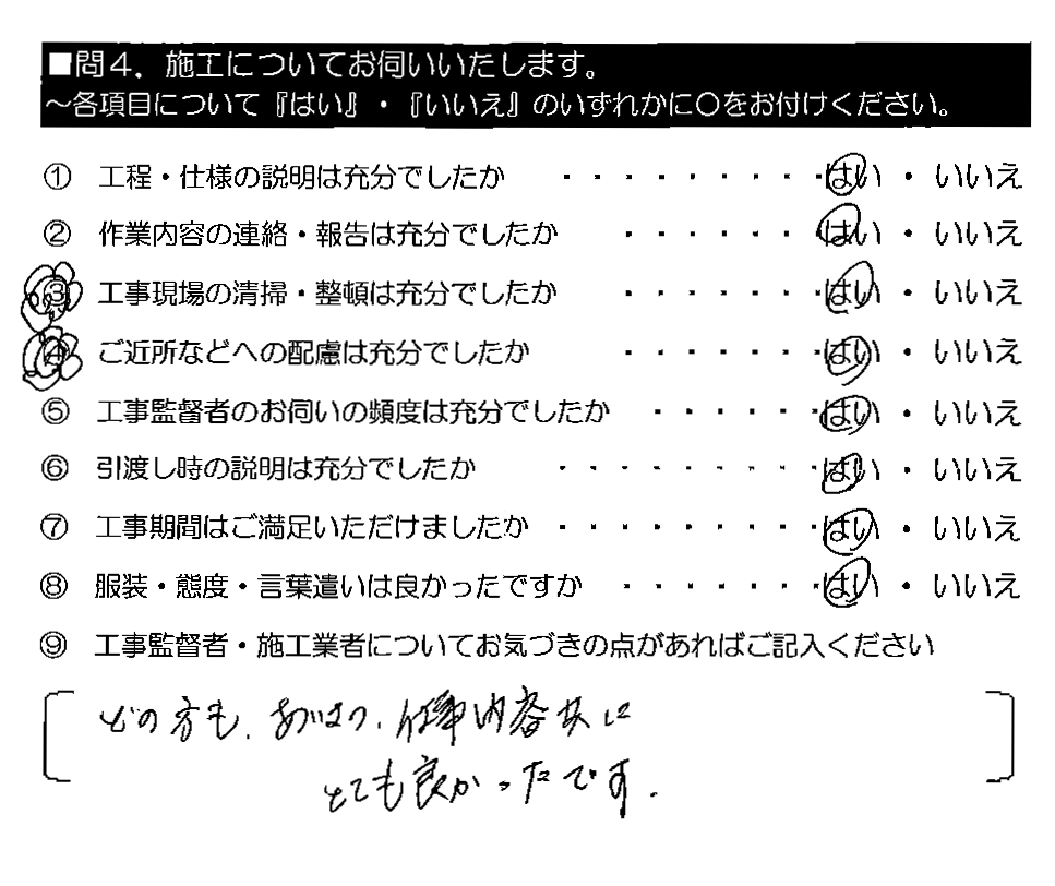 どの方も、あいさつ・仕事内容共にとても良かったです。