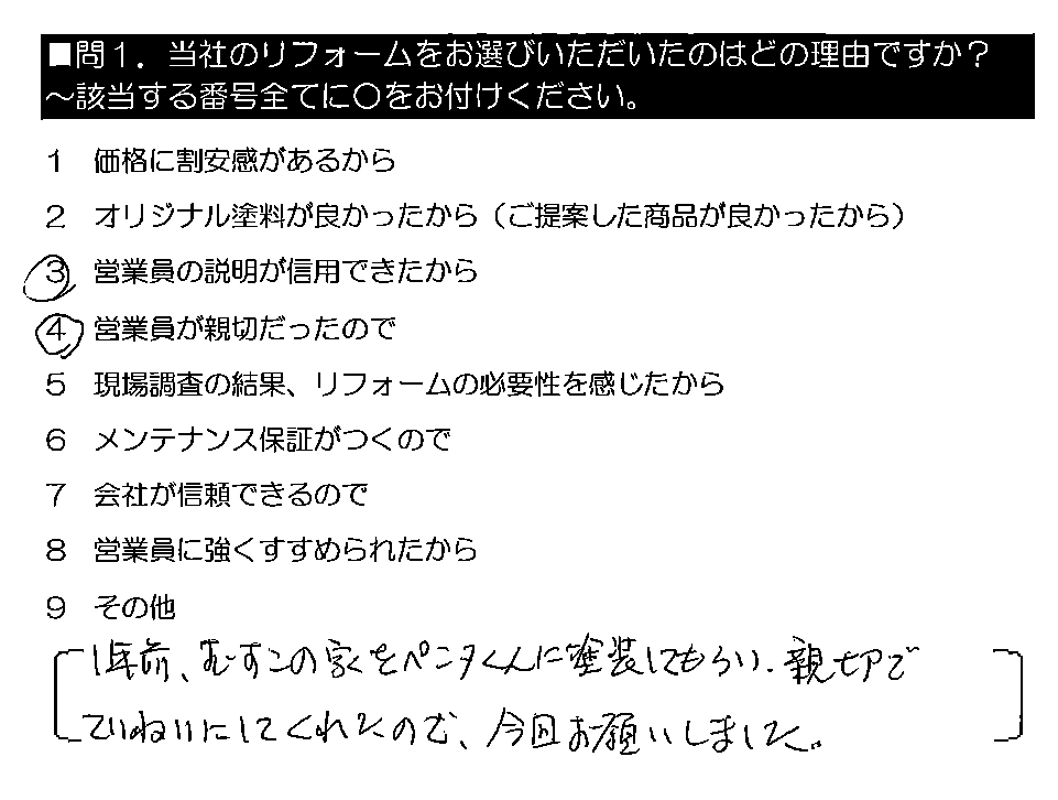 1年前、むすこの家をペンタくんに塗装してもらい、親切でていねいにしてくれたので、今回お願いしました。