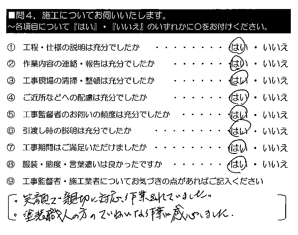 ◦笑顔で親切に対応・作業されていました。◦塗装職人の方のていねいな作業に感心しました。