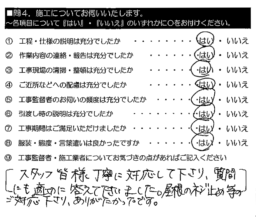 スタッフ皆様丁寧に対応して下さり、質問にも適切に答えて下さいました。屋根のネジ止め等のご対応下さり、ありがたかったです。