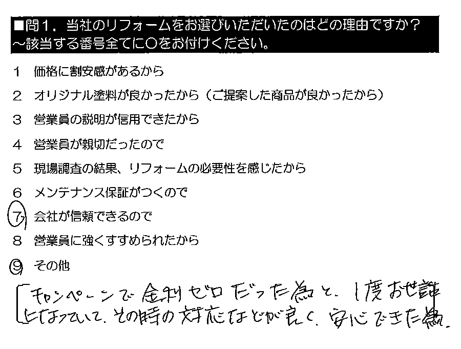 キャンペーンで金利ゼロだった為と、1度お世話になっていて、その時の対応などが良く、安心できた為。