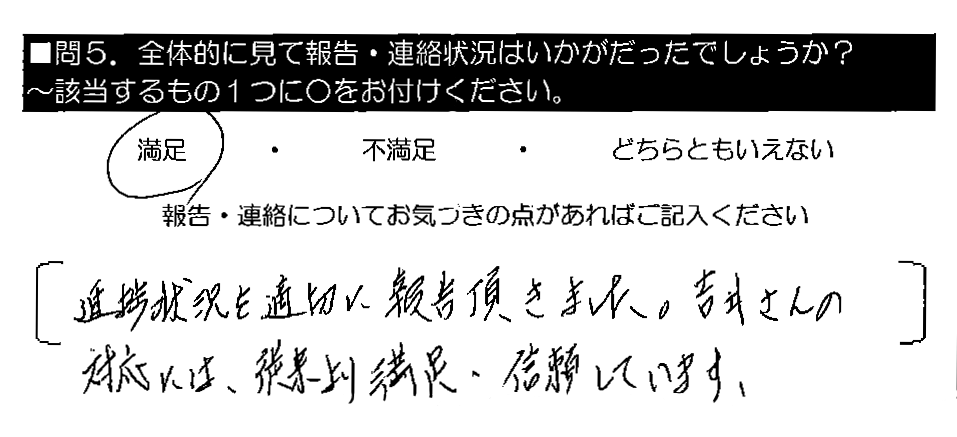 進捗状況を適切に報告頂きました。吉井さんの対応には、従前より満足・信頼しています。