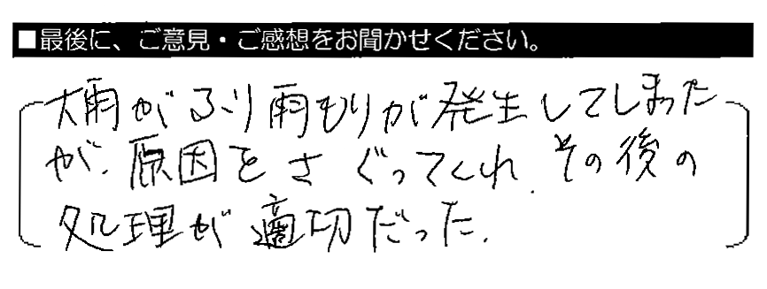 大雨がふり雨もりが発生してしまったが、原因をさぐってくれ、その後の処理が適切だった。
