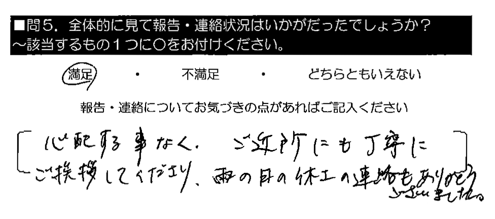 心配する事なく、ご近所にも丁寧にご挨拶してくださり、雨の日の休工の連絡もありがとうございました。