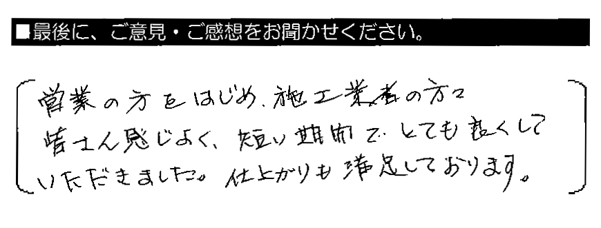 営業の方をはじめ、施工業者の方々皆さん感じ良く、短い期間でとても良くしていただきました。仕上がりも満足しております。